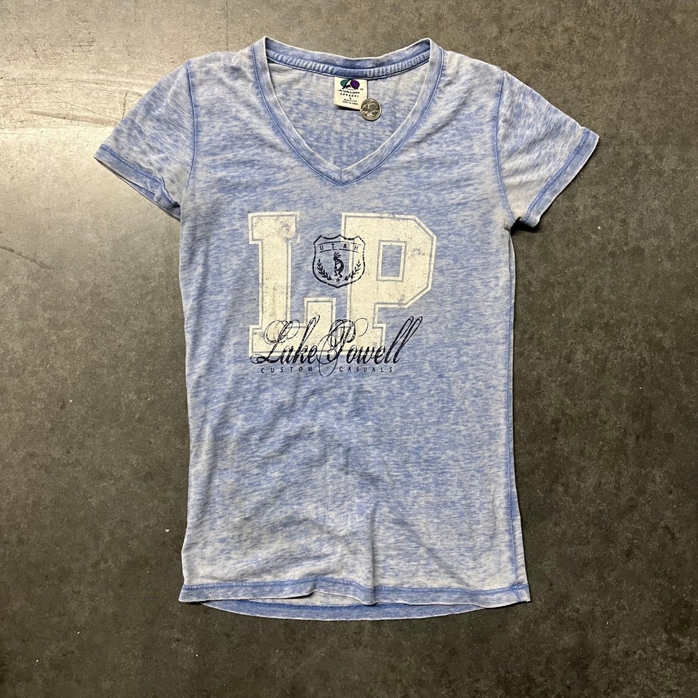 Avalon Apparel Lake Powell Utah Graphic V-Neck T-Shirt Blue Acid Wash Small